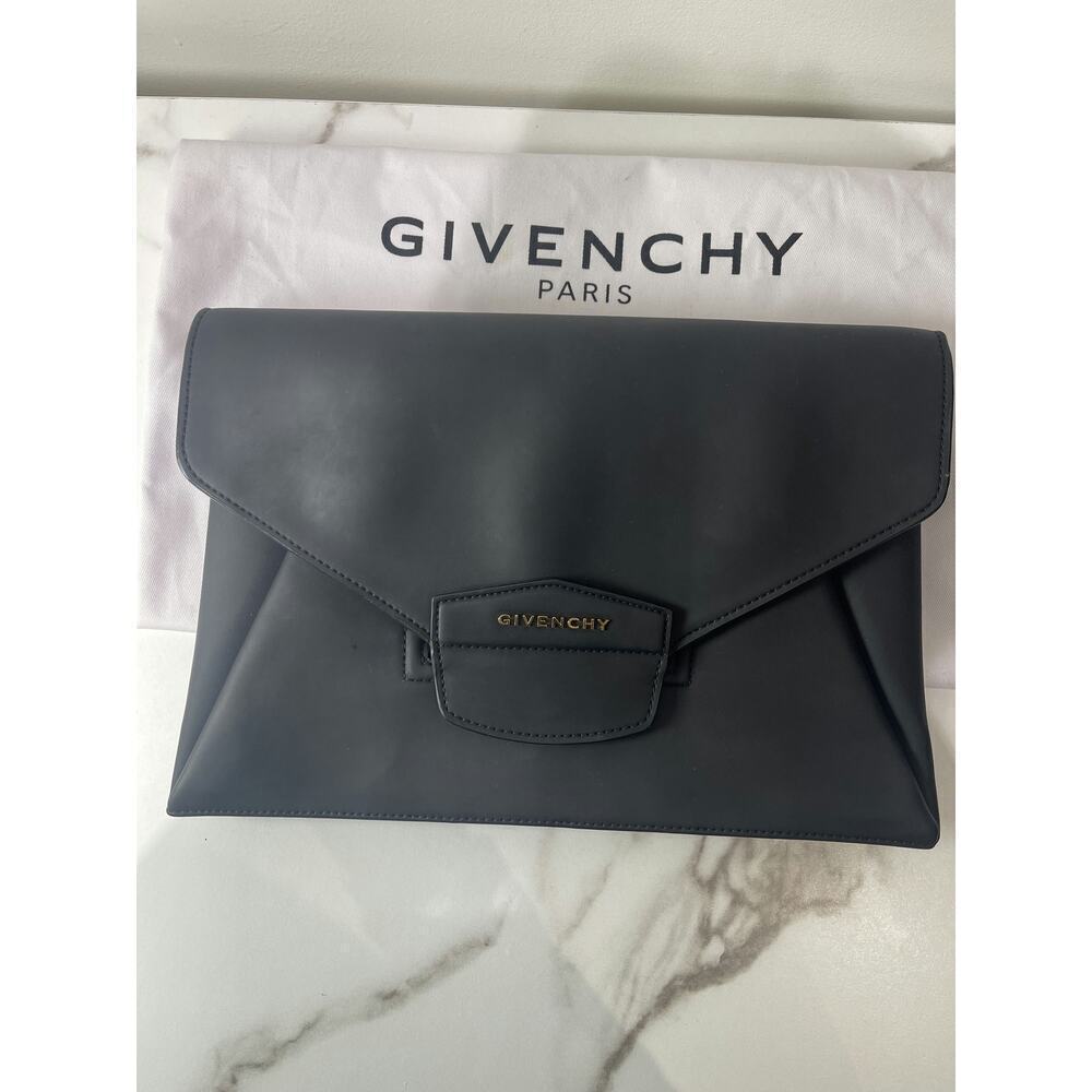 Givenchy Black Leather Envelope Clutch with Gold Logo